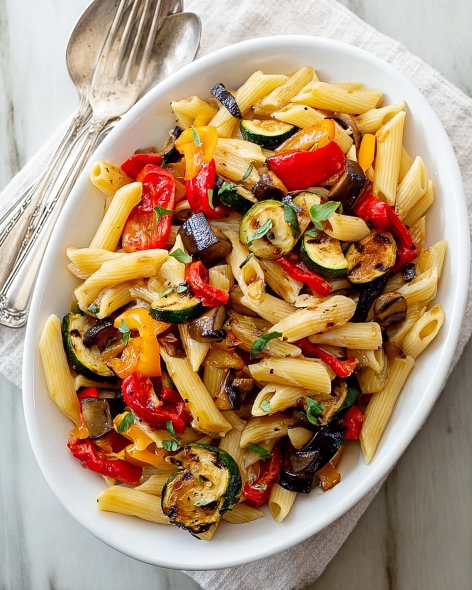 A white plate holds a colorful pasta dish with three main layers. The bottom layer is light beige penne pasta arranged evenly across the plate. On top, there is a mix of grilled vegetables including bright yellow and red bell pepper slices, green broccoli florets, red cherry tomatoes, and light green zucchini slices, all slightly charred. The top layer consists of small fresh green basil leaves and a sprinkle of black pepper, adding texture and contrast. The plate sits on a white marbled surface, and a woman's hand is gently holding the edge of the plate. Photo taken with an iphone --ar 4:5 --v 7
