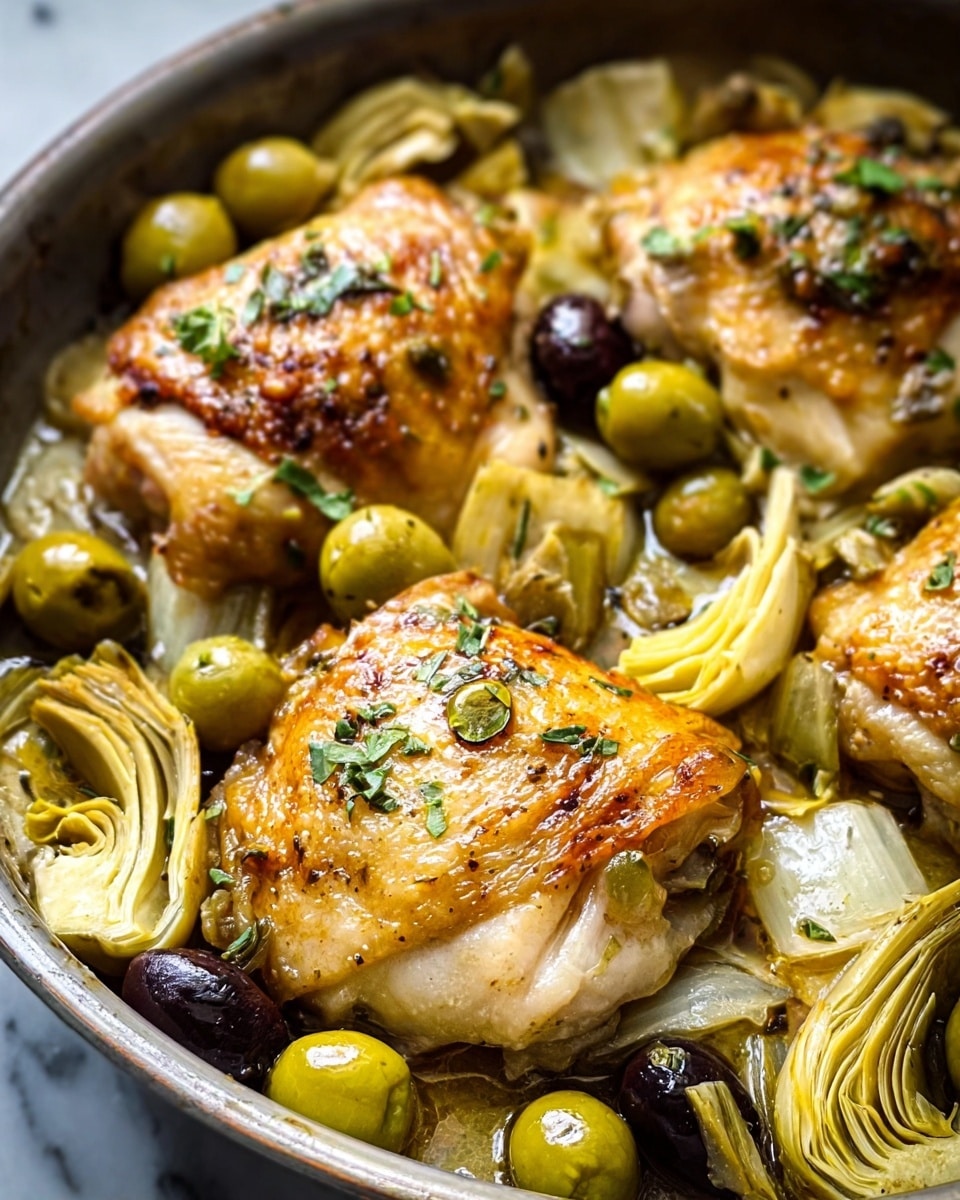 The image shows a close-up of a dish with three pieces of golden-brown cooked chicken thighs on top. Surrounding the chicken are layers of green olives and halved artichoke hearts, all cooked and slightly glossy. The chicken has a crispy skin with some small green herb sprinkles on top, and the olives and artichokes add texture and depth to the dish. The food is placed on a white marbled surface. Photo taken with an iphone --ar 4:5 --v 7