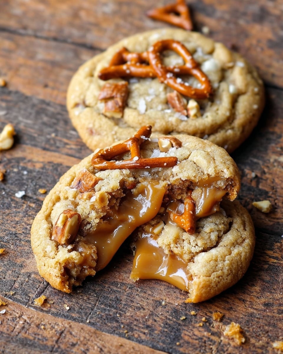 The image shows a group of soft, golden-brown cookies topped with broken pretzel pieces and small crushed nuts scattered on their surface. The cookies have a slightly cracked texture with a chewy middle and crisp edges. They are laid out on a white marbled surface around a clear glass bottle filled with fresh white milk. Crumbs and small pretzel pieces are scattered between and around the cookies, adding a casual, homemade feel. photo taken with an iphone --ar 4:5 --v 7