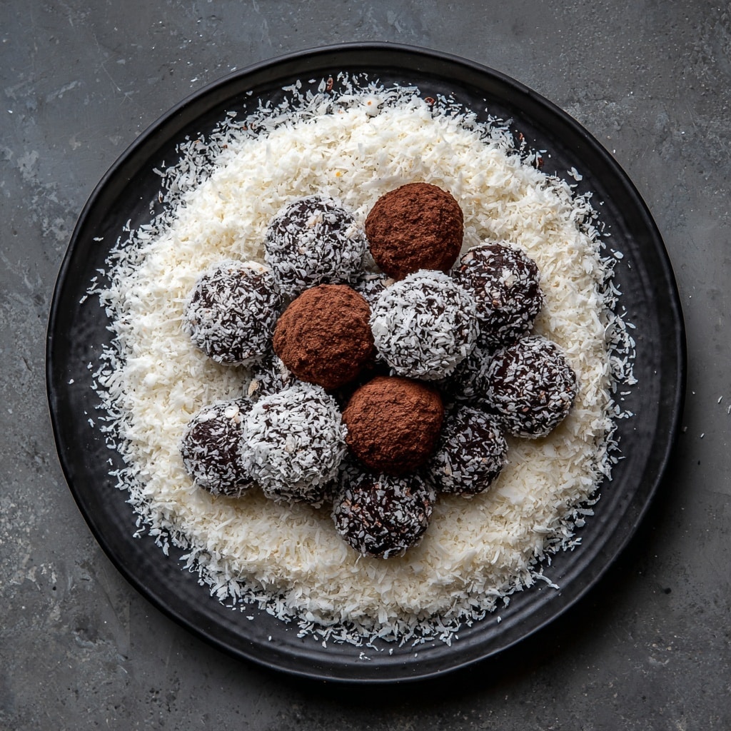 The image shows a small glass bowl with a smooth, thick layer of dark brown chocolate dough. A shiny silver ice cream scoop is in the bowl, pressing into the chocolate dough. To the right, a white plate holds seven round balls of the same dark brown dough, each with a slightly rough texture, spaced evenly across the plate. The whole scene sits on a dark wooden surface, giving contrast to the chocolate and the white plate. photo taken with an iphone --ar 4:5 --v 7
