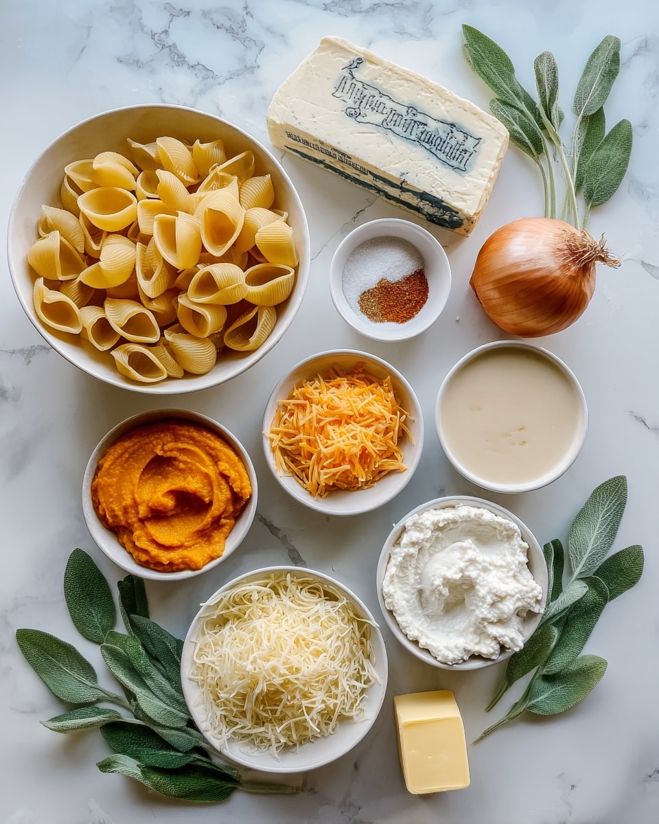 A white oval dish filled with a creamy baked pasta made of large, ridged shell pasta covered in a golden, melted cheese sauce that has browned slightly on top. The shells are nestled in a thick, bubbly white sauce with fresh green sage leaves scattered evenly across the surface, adding contrast with their deep green color and textured veins. The dish rests on a white marbled surface with a gray textured cloth peeking from one side. Photo taken with an iphone --ar 4:5 --v 7
