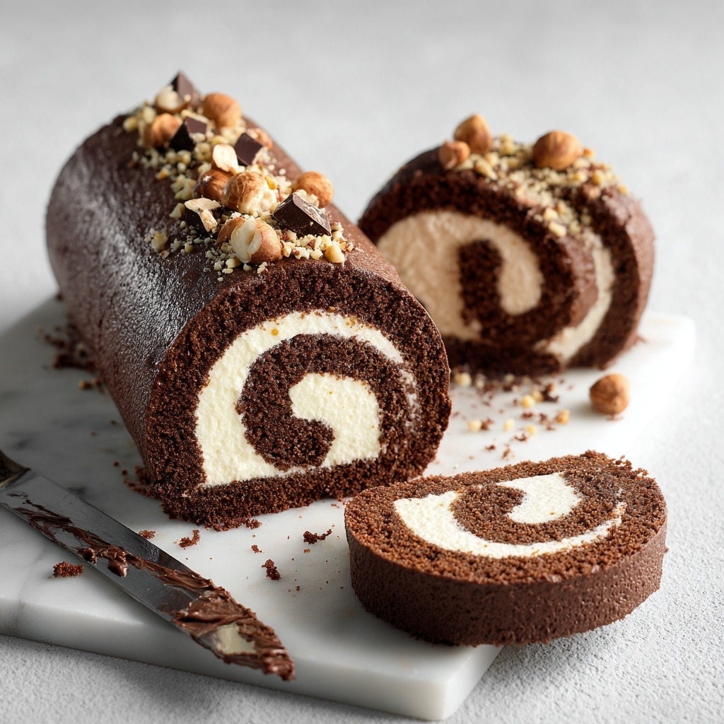 The image shows a chocolate roll cake placed in the center of a white rectangular plate. The cake has three visible layers: a dark brown soft chocolate sponge forming the outer roll, a creamy off-white filling swirled in the middle, and a chocolate frosting coating the outside. The top layer is decorated with chopped nuts and drizzled with chocolate sauce in a crisscross pattern. The plate rests on a white marbled surface, with a set of white plates and golden forks along with a golden knife placed nearby. In the background, there is a small white jug, adding to the dessert setting. The photo is taken with an iphone --ar 4:5 --v 7