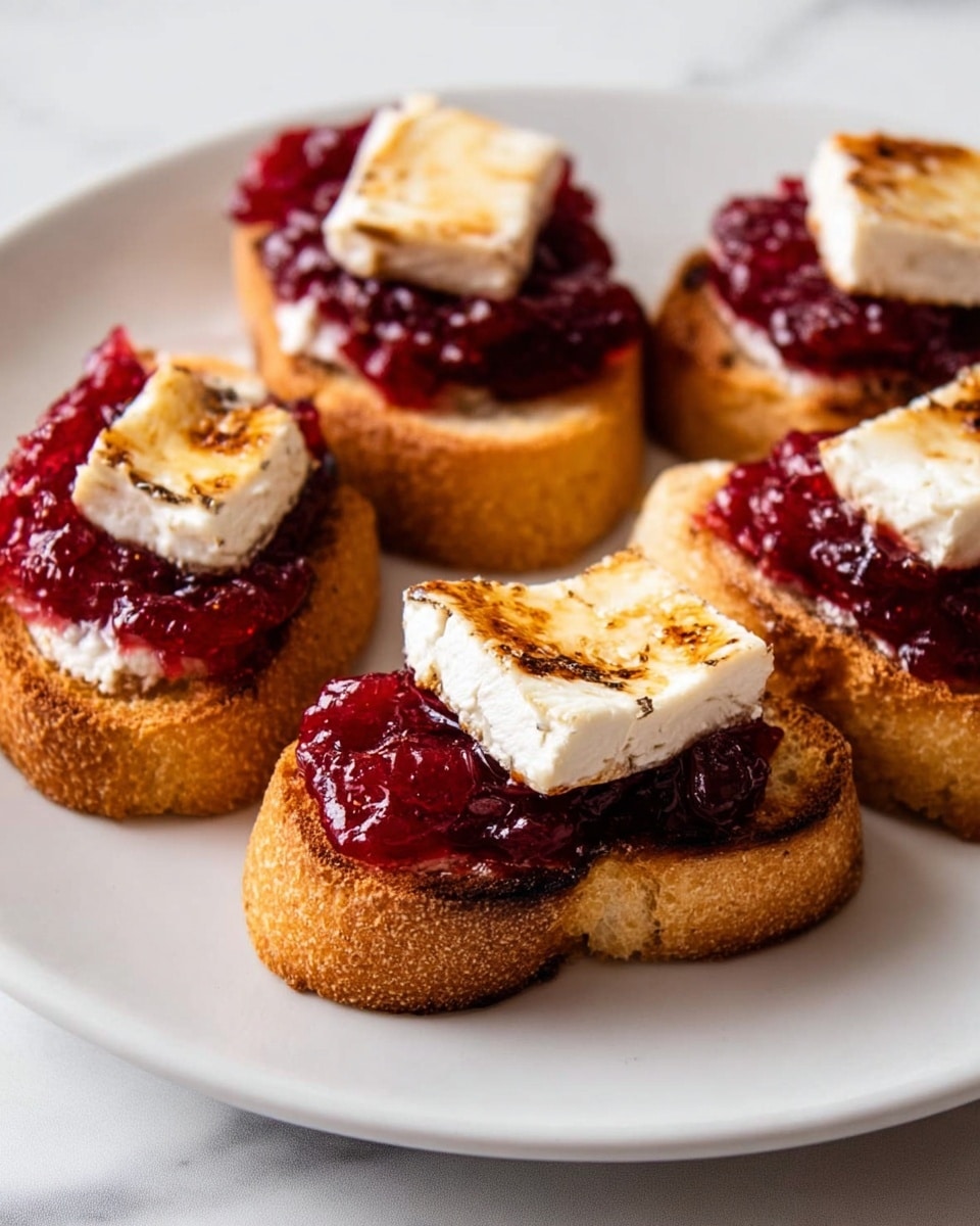 A white plate holds five small toasted bread slices, each topped with a bright red chunky spread that looks like cranberry sauce. On top of the sauce, there is a thick slice of creamy white cheese with a slightly browned, caramelized surface, giving a soft and melted look. The edges of the toasted bread are crisp and golden brown. The plate is set on a white marbled texture, showing a clean and simple background. photo taken with an iphone --ar 4:5 --v 7