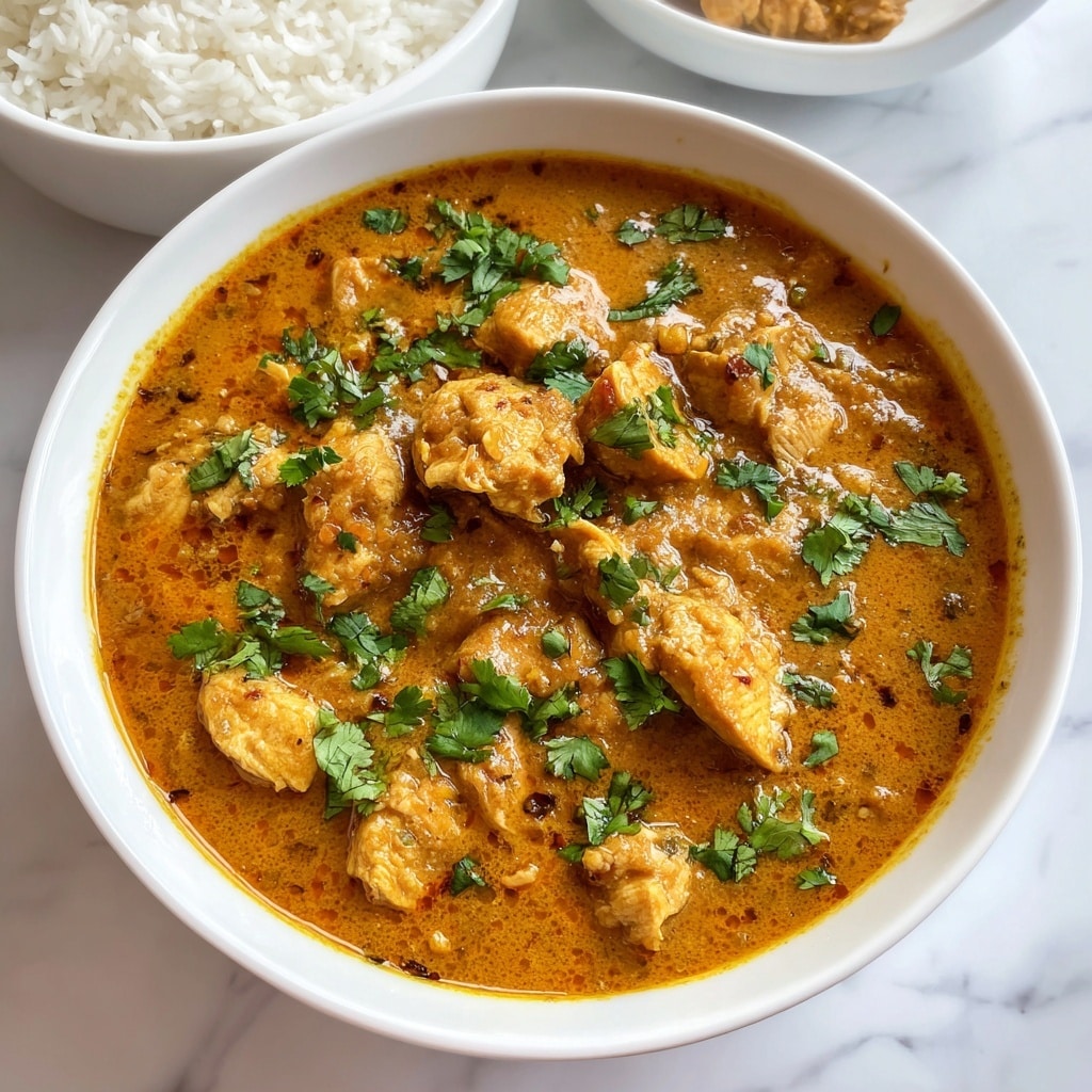 A white bowl holds three main layers starting with a base of fluffy white rice filling the bowl. On top of the rice are chunky pieces of chicken covered in a thick, smooth orange-brown sauce, sprinkled with chopped green cilantro. Along one side of the bowl, soft, lightly charred naan bread is folded and tucked in, showing some browned spots and a fluffy texture. The bowl sits on a wooden board with a beige textured cloth nearby and scattered green herbs around, creating a rustic setting. Photo taken with an iphone --ar 4:5 --v 7