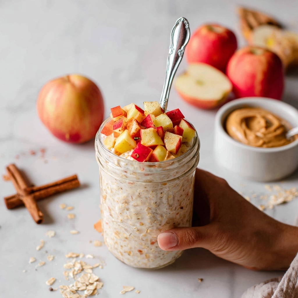 A clear glass jar filled with creamy oatmeal that has a soft, smooth texture, topped with a colorful mix of diced red and yellow apple pieces. The apples create a fresh, crunchy layer on top of the oatmeal. A silver spoon is placed inside the jar, leaning against the side with a woman's hand holding it gently. Around the jar, there are whole apples, cinnamon sticks, and a jar of oats scattered on a white marbled surface. Nearby, a white bowl holds a light brown nut butter, adding warmth to the scene. The overall look is fresh and cozy. photo taken with an iphone --ar 4:5 --v 7