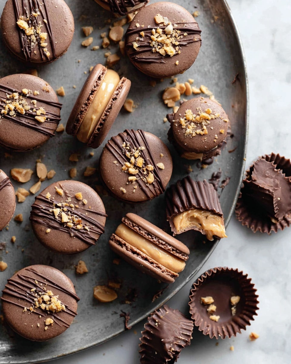 A tall stack of chocolate macarons is arranged on a white marbled surface. Each macaron has two dark brown, smooth, and round chocolate cookie layers on the top and bottom, with a thick layer of light tan, creamy peanut butter filling in the middle, piped with ridged texture. The macarons are decorated with thin lines of dark chocolate drizzle on top and sprinkled with small crushed peanut pieces. There is also a partially eaten chocolate peanut butter cup on the left side of the stack, revealing its peanut butter center. Photo taken with an iphone --ar 4:5 --v 7