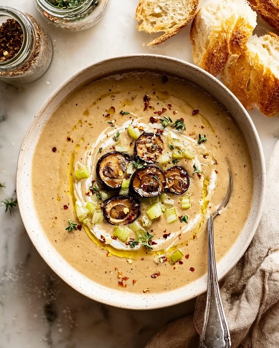 A creamy light brown soup fills a rustic beige bowl with visible rough texture, placed on a soft beige cloth over a white marbled surface. The soup is topped with a neat cluster of golden-brown sautéed mushroom slices on the left side, two quartered artichoke hearts with a pale green color near the center, and a small heap of white grated cheese right in the middle. Scattered fresh green herb leaves and tiny black pepper bits sprinkle around the toppings, with small droplets of golden olive oil spread across the soup surface. A vintage silver spoon rests inside the bowl on the right side, and pieces of crusty brown bread appear in the upper left corner. photo taken with an iphone --ar 4:5 --v 7