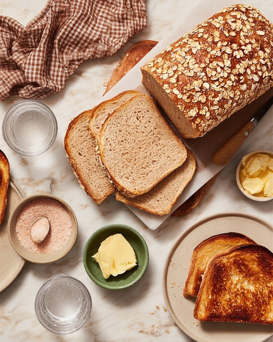 The image shows a sliced loaf of oat-topped bread on a white cutting board, placed on a white marbled surface. The bread has two light beige slices separated from the main loaf, showing a soft and grainy inside. Around the cutting board, there are two white plates with two slices of toasted bread each, golden brown with some darker toasted areas. Near the plates, there is a small green bowl filled with light pink salt and a silver spoon inside, a small white bowl with yellow butter and a wooden butter knife resting on top, and two clear glasses of water. A brown and white checkered cloth is slightly visible in the top left corner. Photo taken with an iphone --ar 4:5 --v 7