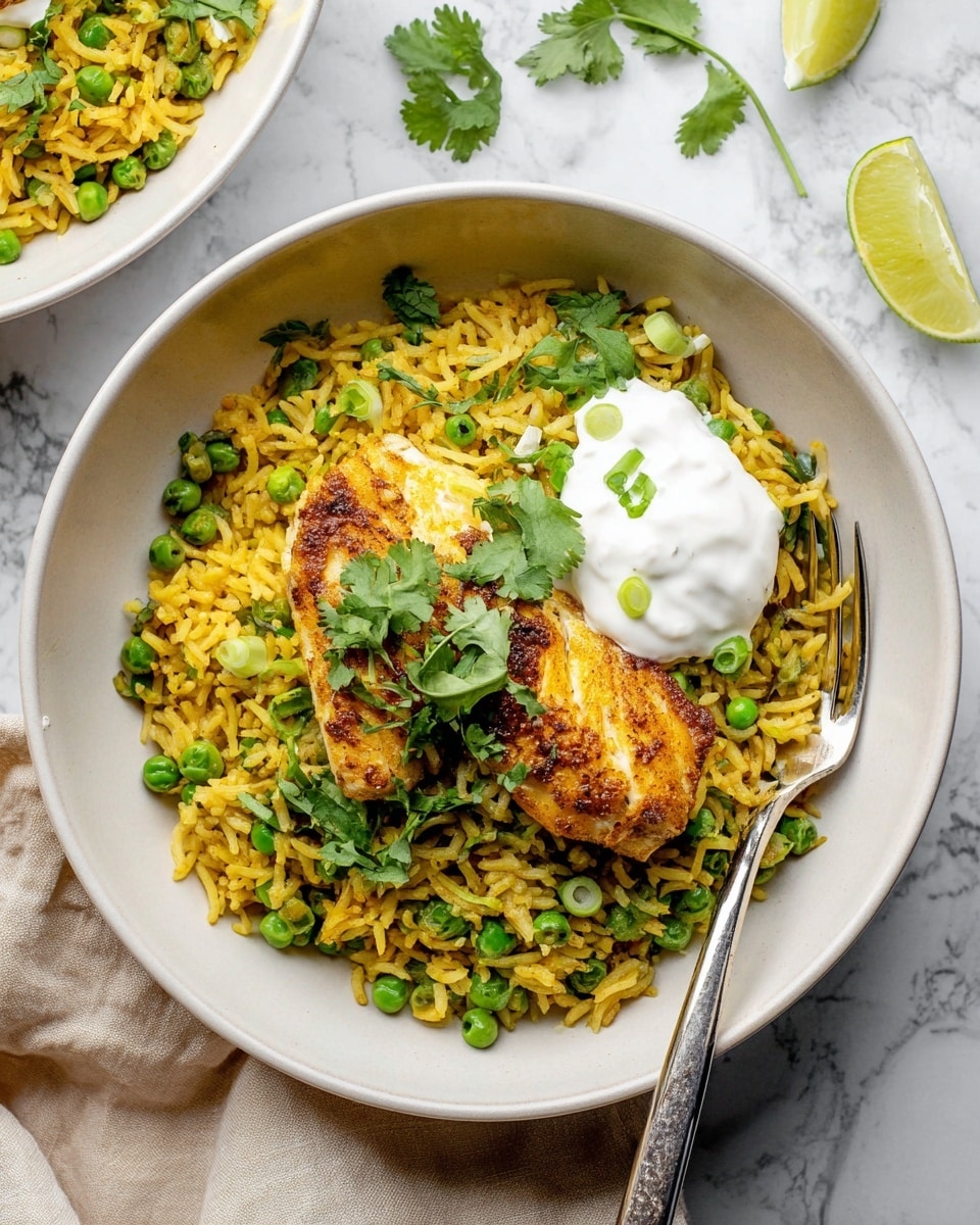 A black cast iron pan holds a layered dish of golden-brown spiced chicken thighs partially covered by a layer of yellow, well-cooked basmati rice mixed with green peas. The chicken pieces have a crispy, slightly charred texture, sitting mostly on the left side, while the rice fills the right side of the pan. Fresh green cilantro leaves and sliced white spring onions are scattered on top, adding a touch of fresh green and white contrast. A silver serving spoon is scooping some rice near the center of the pan. The background is a white marbled surface with a white bowl of chopped greens and kitchen tools slightly blurred in the back. Photo taken with an iphone --ar 4:5 --v 7