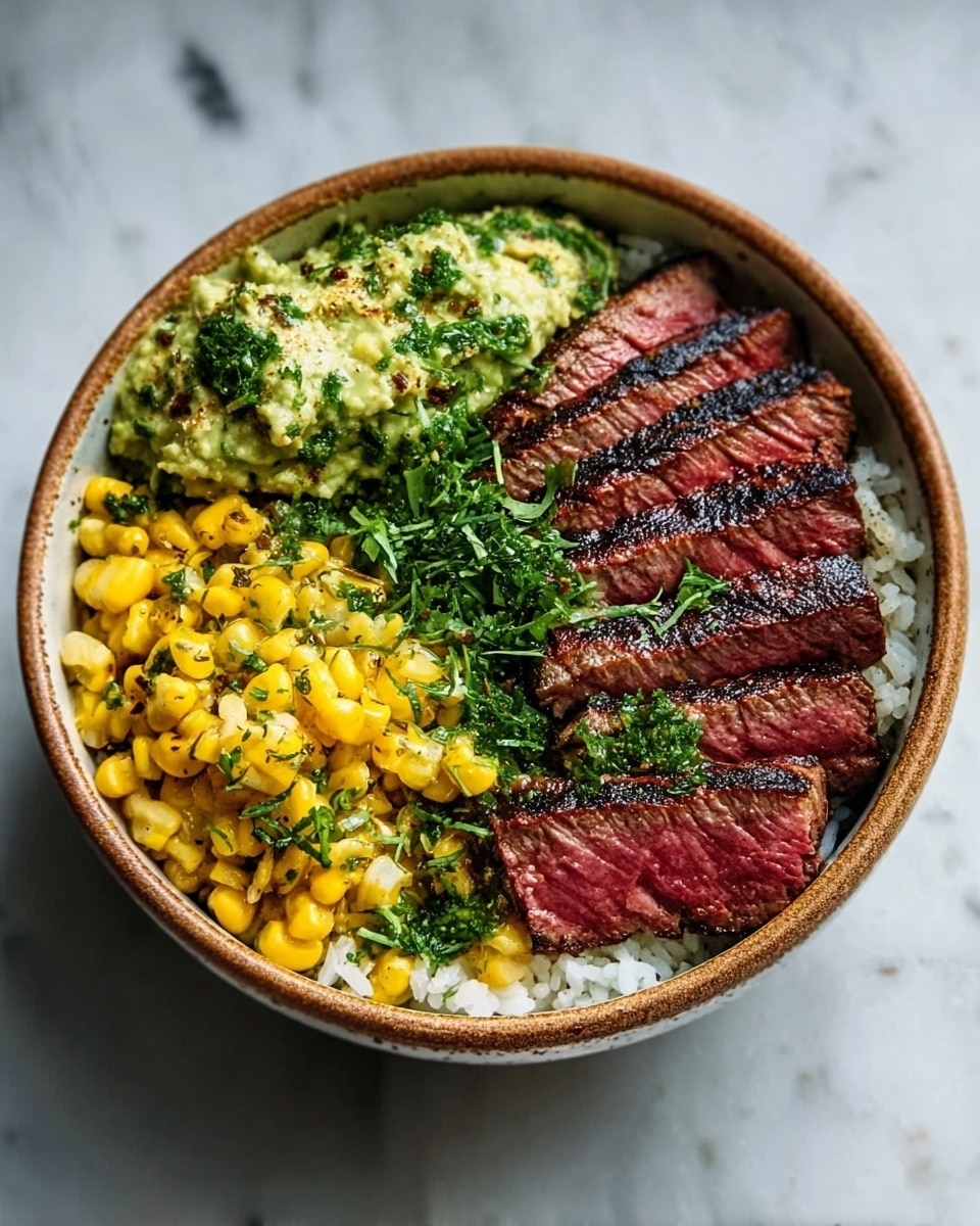 A white bowl filled with four clear layers sits on a white marbled surface. At the top, there are five slices of grilled steak showing pink center and dark grill marks. On the left side, a creamy greenish-yellow mixture of avocado and herbs adds a rough texture. Below it, bright yellow grilled corn kernels are scattered with some green herbs sprinkled on top. The base consists of white rice that fills all empty spaces in the bowl. Photo taken with an iphone --ar 4:5 --v 7
