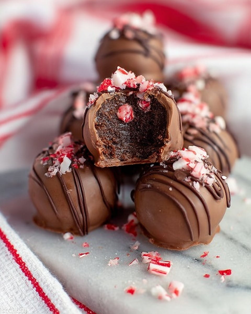 In this close-up image, there are five round chocolate truffles placed on a white marbled surface. Each truffle is smooth and coated with milk chocolate, with thin darker chocolate drizzles on top. The front truffle is topped with crushed red and white peppermint candy pieces, and one truffle behind it has a bite taken out, showing a dark, moist chocolate interior with small red peppermint bits inside. The truffles rest on a white cloth with red stripes, and some peppermint crumbs are scattered around them. The background is softly blurred, keeping focus on the truffles. Photo taken with an iphone --ar 4:5 --v 7