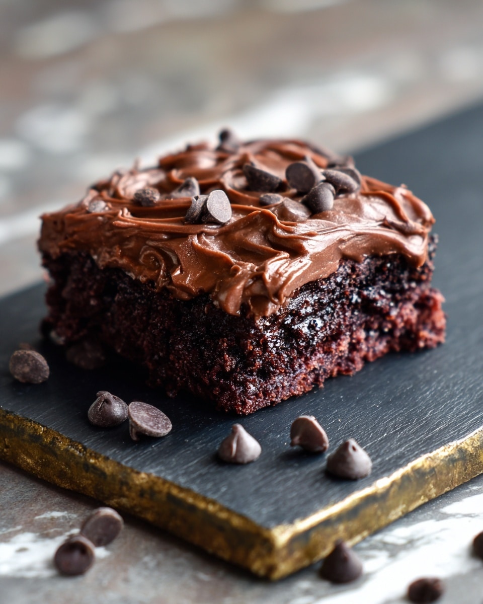 The image shows a large white glass baking dish filled with a chocolate dessert cut into nine squares. The dessert has two visible layers: a dense, smooth chocolate base, and a thick, creamy chocolate topping. The top layer is covered with many small dark and white chocolate chips scattered evenly across the surface. The creamy chocolate topping looks soft and rich in texture, while the chocolate chips add a slight crunchy look. The dish is placed on a white marbled surface. photo taken with an iphone --ar 4:5 --v 7