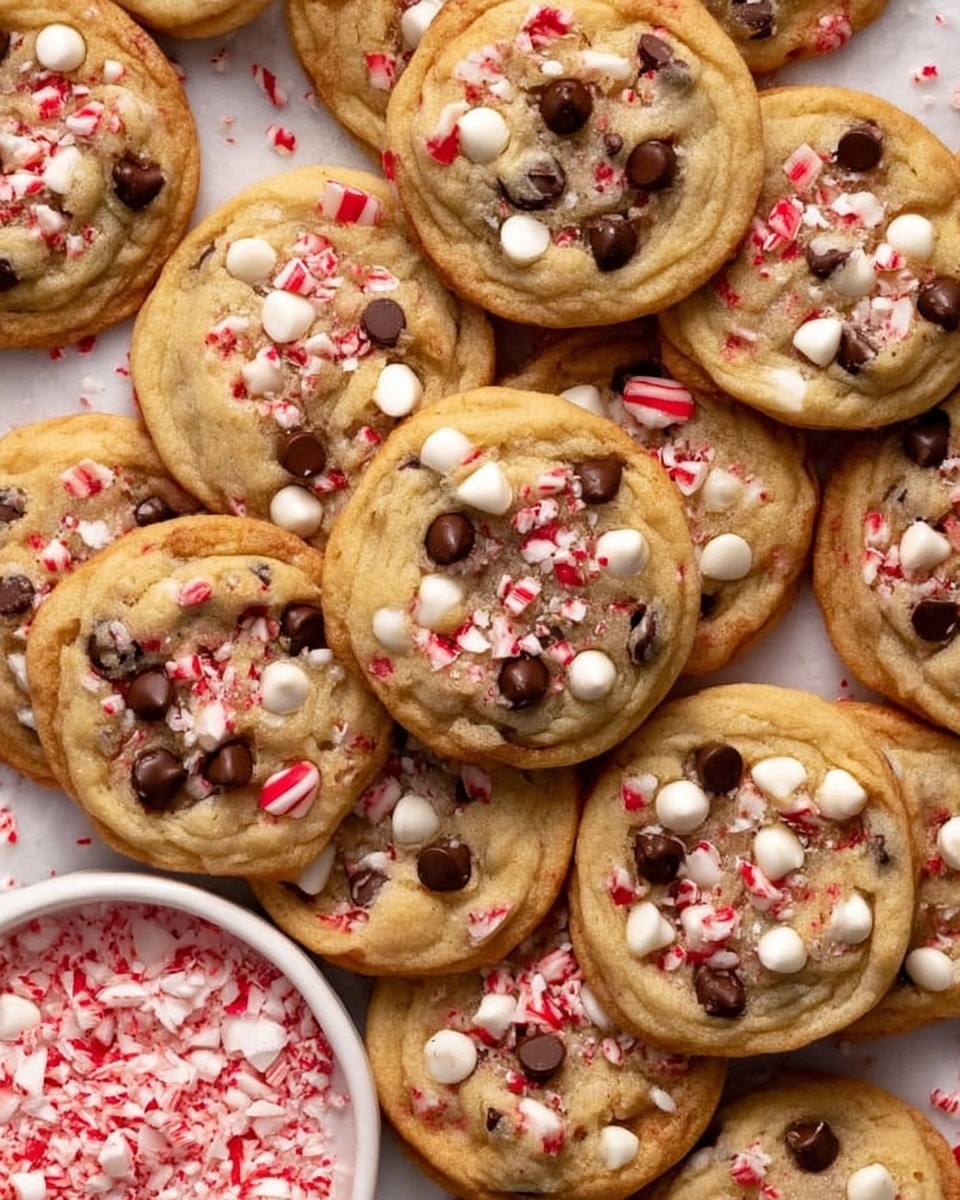A close-up view of several soft cookies stacked on a white marbled surface. The cookies have a light golden brown base with visible textures of soft dough and slightly crispy edges. On the top layer, there are chunks of dark brown chocolate kisses and white chocolate pieces, along with bright red and white peppermint candy bits scattered unevenly. One cookie on top has a bite taken out, revealing a gooey melted chocolate center inside the chewy dough. The cookies are placed closely together, filling the frame with a cozy, homemade feel. photo taken with an iphone --ar 4:5 --v 7