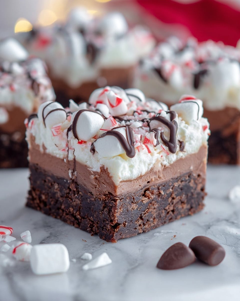 Three square chocolate brownies sit on a white marbled surface, each topped with a thick layer of large, fluffy white marshmallows. The brownies have a rich, dark brown color with a dense texture. Scattered on top of the marshmallows are small pieces of crushed red and white peppermint candy, adding touches of bright color. Thin lines of dark melted chocolate drizzle over the marshmallows and candy, creating a decorative pattern. Small bits of marshmallow and chocolate crumbs lay around the brownies, showing a slightly crumbly texture at the edges. photo taken with an iphone --ar 4:5 --v 7