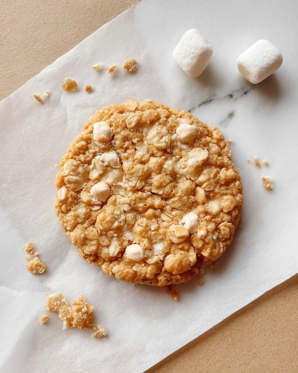 The image shows a close-up of a woman's hand holding a granola bar with visible almonds and oats, giving it a rough and crunchy texture. The granola bar is rectangular and slightly uneven in shape, with a light golden-brown color and bits of white from the almonds and other nuts. In the background, there is a white marbled surface with a white paper towel and some scattered mini marshmallows, along with another granola bar that is partially out of focus. Photo taken with an iphone --ar 4:5 --v 7
