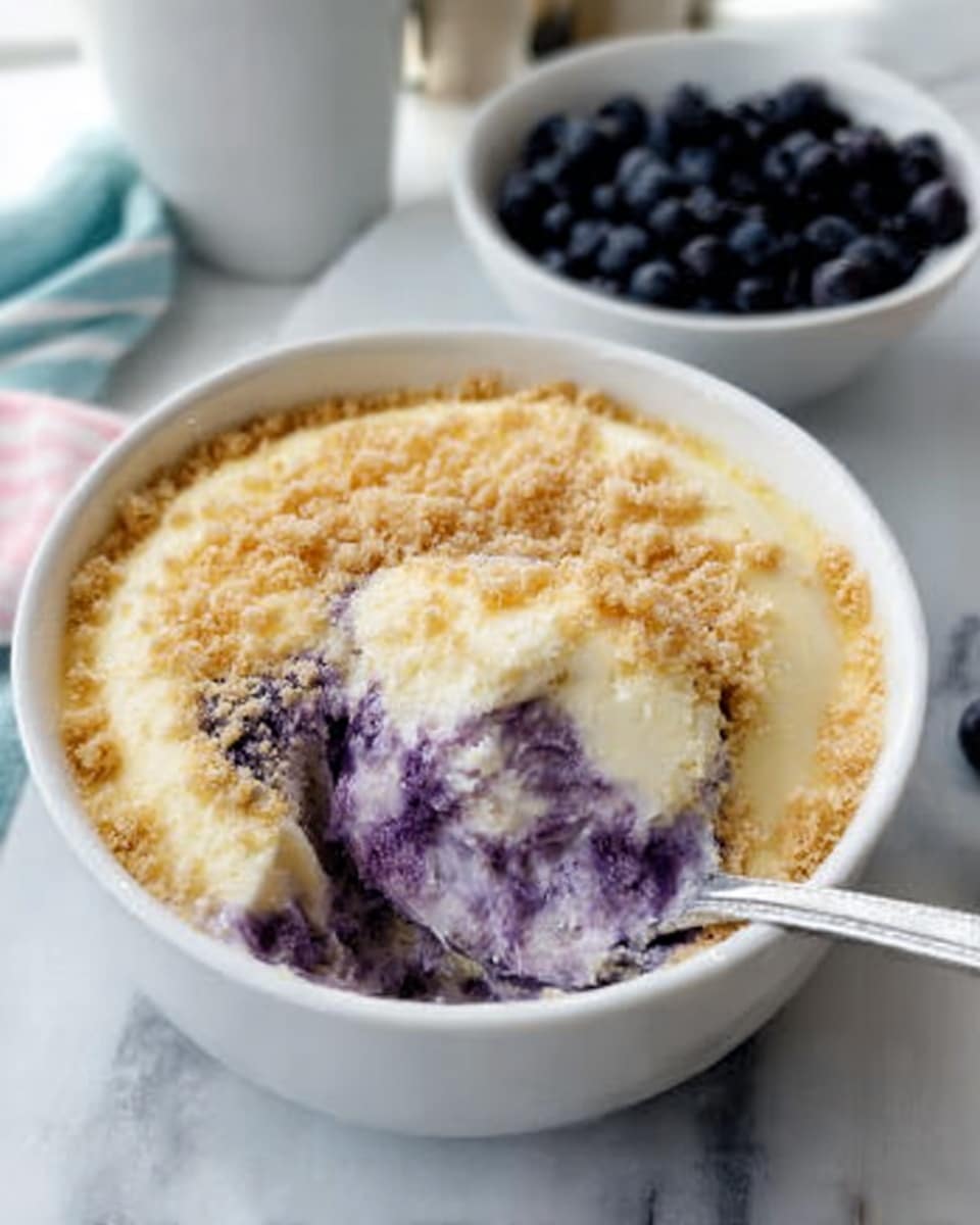 A white bowl filled with a creamy baked dessert that has a golden brown crust on top. The dessert shows a mix of purple and white swirls near the center, with a spoon scooping some of it, revealing a soft, moist texture inside. In the background, a small white bowl with fresh dark blueberries is slightly out of focus, placed on a white marbled surface. Photo taken with an iphone --ar 4:5 --v 7