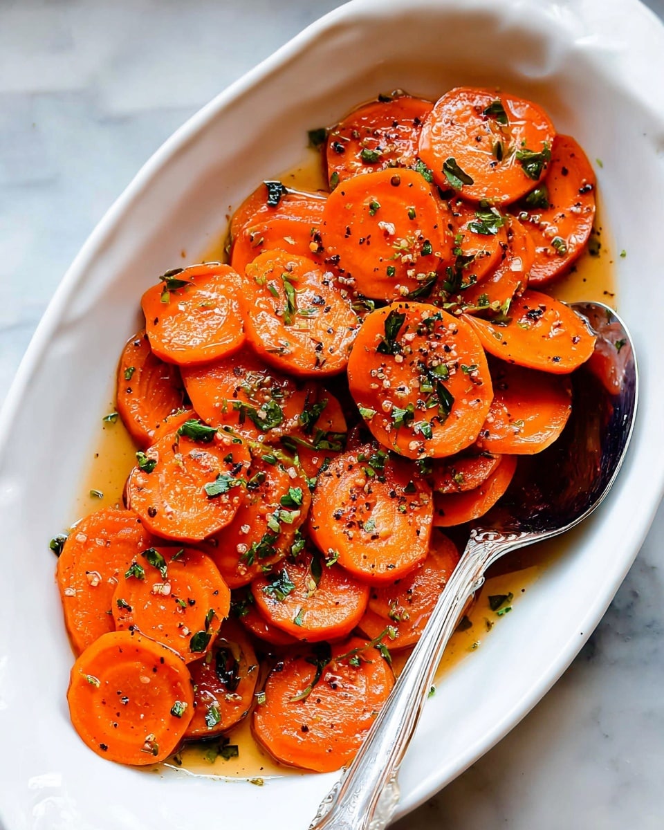 A close-up of a black pan filled with sliced carrots cooked in a glossy sauce, each carrot slice bright orange with a slightly soft texture, sprinkled with small green herb bits; a shiny silver spoon rests inside the pan touching the carrots. To the right of the pan, there is a halved lemon with a pale yellow inside and a few seeds visible, placed on a gray cloth, next to sprigs of fresh green rosemary. The background is a white marbled texture. photo taken with an iphone --ar 4:5 --v 7