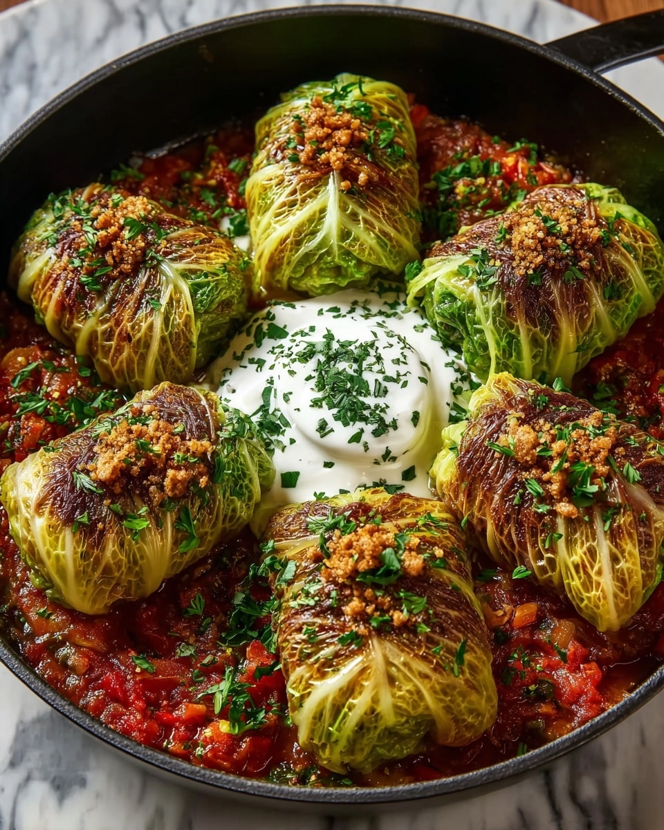 The dish shows five golden cabbage rolls, each with browned, crispy edges and green leafy layers wrapped tightly around a filling that is partly shown in one roll. These rolls are arranged in a circle inside a black pan, sitting on a bed of chunky red tomato sauce mixed with bits of herbs and vegetables. In the center of the circle is a dollop of smooth white sauce topped with sprinkled green herbs. The cabbage rolls are garnished with a sprinkle of finely chopped green herbs and small bits of a brown, crumbly topping. The pan rests on a white marbled texture surface. Photo taken with an iphone --ar 4:5 --v 7