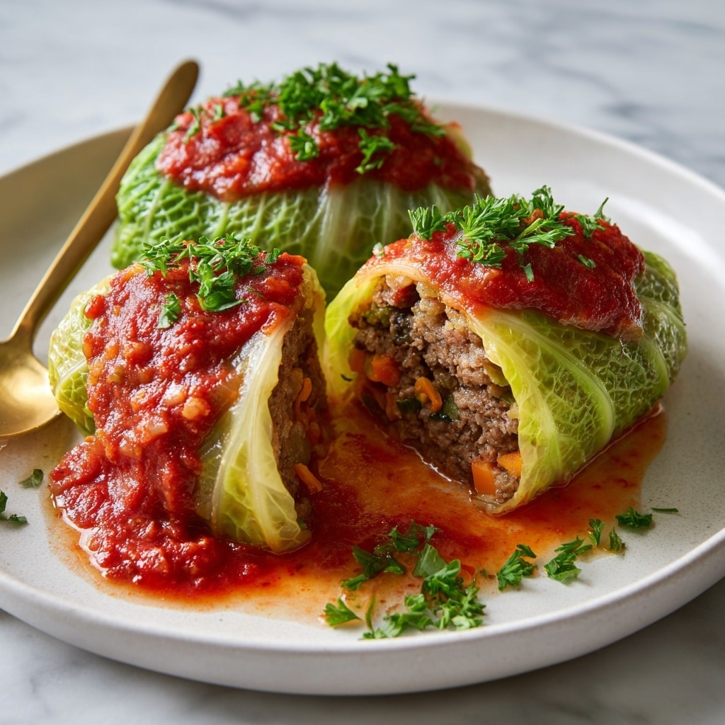 On a white plate, two cabbage rolls sit close together, one whole and one cut open to show layers inside. Each roll is wrapped in pale green cabbage leaves with a slightly shiny texture. Inside, there are two layers: a dense brown and orange mix of cooked ground meat and small carrot pieces, and a thin wrapping of cabbage. The rolls are topped with a thick, bright red tomato sauce that covers most of the surface and is sprinkled with chopped fresh green herbs. Around the rolls, some loose bits of meat and sauce rest, adding a soft texture contrast. A gold spoon holds some filling next to the rolls. The scene is on a white marbled surface, with light reflections making the food look fresh. Photo taken with an iphone --ar 4:5 --v 7