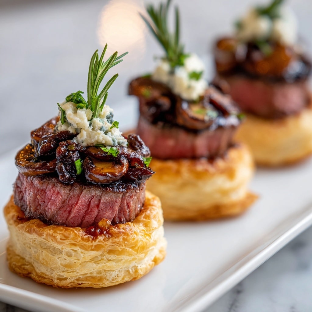 The image shows several small, round appetizers arranged on a white square plate placed on a white marbled surface. Each appetizer has three visible layers: a golden, flaky puff pastry base with a textured, crispy look; a thick, juicy, medium-rare beef filet mignon with a slightly charred, dark brown outer crust and a pink center sitting on top of the pastry; and a topping of caramelized mushrooms with a rich brown color and glossy texture. Each appetizer is garnished with a small dollop of white creamy cheese and finely chopped green herbs, with one piece also decorated with a sprig of fresh rosemary on top. The focus is sharp on the front appetizers, creating a slightly blurred background effect. photo taken with an iphone --ar 4:5 --v 7