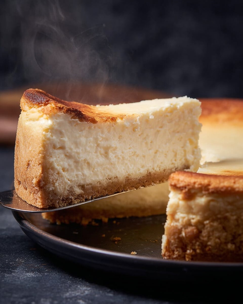 A thick slice of creamy white cheesecake with a golden brown crust at the bottom sits on a white plate, with a glossy red strawberry topping dripping down its sides. The top layer has whole strawberries covered in shiny red syrup, and the inside looks smooth and soft. Next to the cake on the plate is one whole strawberry and a silver fork holding a piece of the cheesecake. In the background, a whole cheesecake and a white bowl filled with more strawberries are visible, all placed on a white marbled surface. Photo taken with an iphone --ar 4:5 --v 7