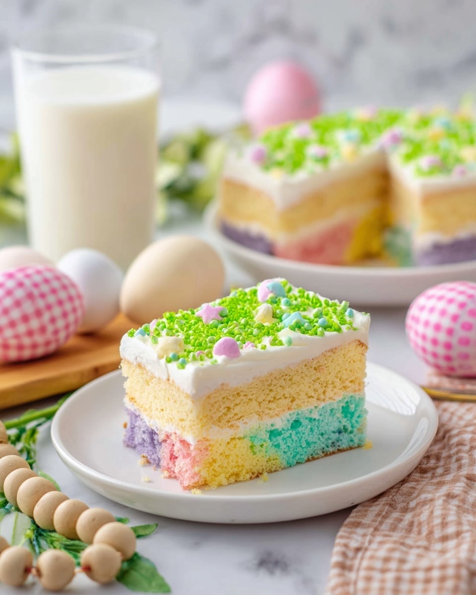 A square piece of layered cake sits in the center of a white plate on a round woven placemat. The cake has three visible layers from bottom to top: a yellow base layer, a pink middle layer, and a top white layer covered with white frosting. The frosting is sprinkled with bright green sprinkles and small pastel-colored candy dots in blue, purple, and pink. Near the plate, there is a clear glass of milk, two light blue checkered decorated eggs, and two light pink checkered decorated eggs. A wooden spoon pair is placed on the placemat to the left of the plate. In the background, a white cloth with a blue striped edge and a wooden bead and leaf garland are arranged on a white marbled surface. photo taken with an iphone --ar 4:5 --v 7