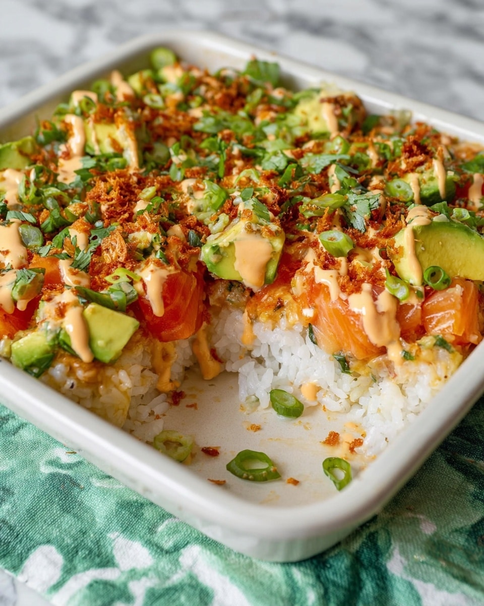 A close-up of a spoonful of food with three visible layers: the bottom layer is white rice with a soft texture, the middle layer consists of golden brown crispy bits, and the top layer has green avocado pieces mixed with red-orange cooked chunks, all drizzled with a creamy, light orange sauce and sprinkled with small green herbs and black sesame seeds, a blurred white dish filled with the same food is in the background on a white marbled texture surface, photo taken with an iphone --ar 4:5 --v 7