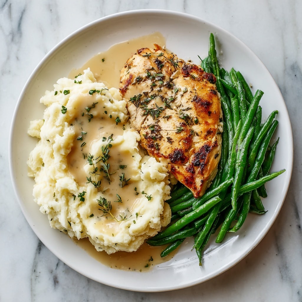 A white plate holds a meal with three main parts: creamy mashed potatoes with light brown gravy and small green herb bits scattered on top on the left, a golden brown grilled chicken breast with a slightly crispy texture and some herbs on top in the upper middle, and a small pile of bright green cooked green beans with a light drizzle of pale sauce on the right side. The plate sits on a white marbled surface. Photo taken with an iphone --ar 4:5 --v 7