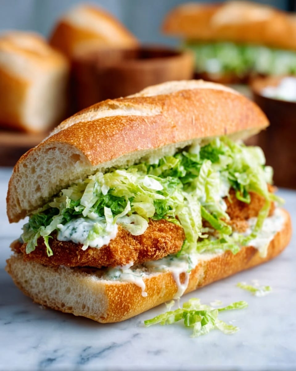 A sandwich cut in half shows three main layers inside a white crusty roll: the bottom layer is a thick piece of golden-brown fried chicken with a crispy texture, the middle layer consists of fresh green leafy lettuce, and the top layer has creamy white sauce dripping down the chicken. The sandwich pieces are placed on a wooden board with a white marbled surface underneath, and the background is blurred. Photo taken with an iphone --ar 4:5 --v 7