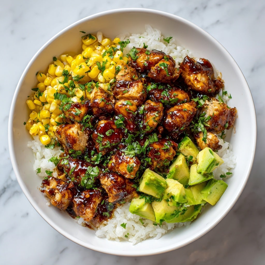 A wooden bowl filled with a base layer of white rice, topped with several pieces of grilled chicken glazed with a shiny dark brown sauce, sprinkled lightly with sesame seeds and chopped green herbs. Around the chicken, there are small sections of bright green avocado chunks, yellow corn kernels, and green broccoli florets, all arranged neatly on a white marbled surface background. The bowl's rich colors and textures create a fresh and appetizing look. Photo taken with an iphone --ar 4:5 --v 7