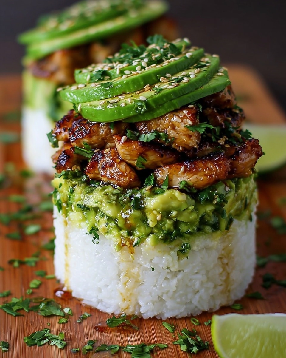 A three-layer dish stacked neatly on a white plate, placed on a white marbled surface; the bottom layer is a compact mound of fluffy white rice with a slightly sticky texture, garnished lightly with green herbs and drizzled with a golden-brown sauce that pools around the base. The middle layer features thick, grilled pieces of meat or fish, glazed and caramelized to a deep golden-brown with crispy edges, sprinkled with finely chopped green herbs. The top layer is made of thin, fanned slices of bright green avocado, topped with a scattering of small white sesame seeds and green herbs, and drizzled lightly with the same golden sauce. On the plate beside the stack are two fresh lime wedges. Photo taken with an iphone --ar 4:5 --v 7