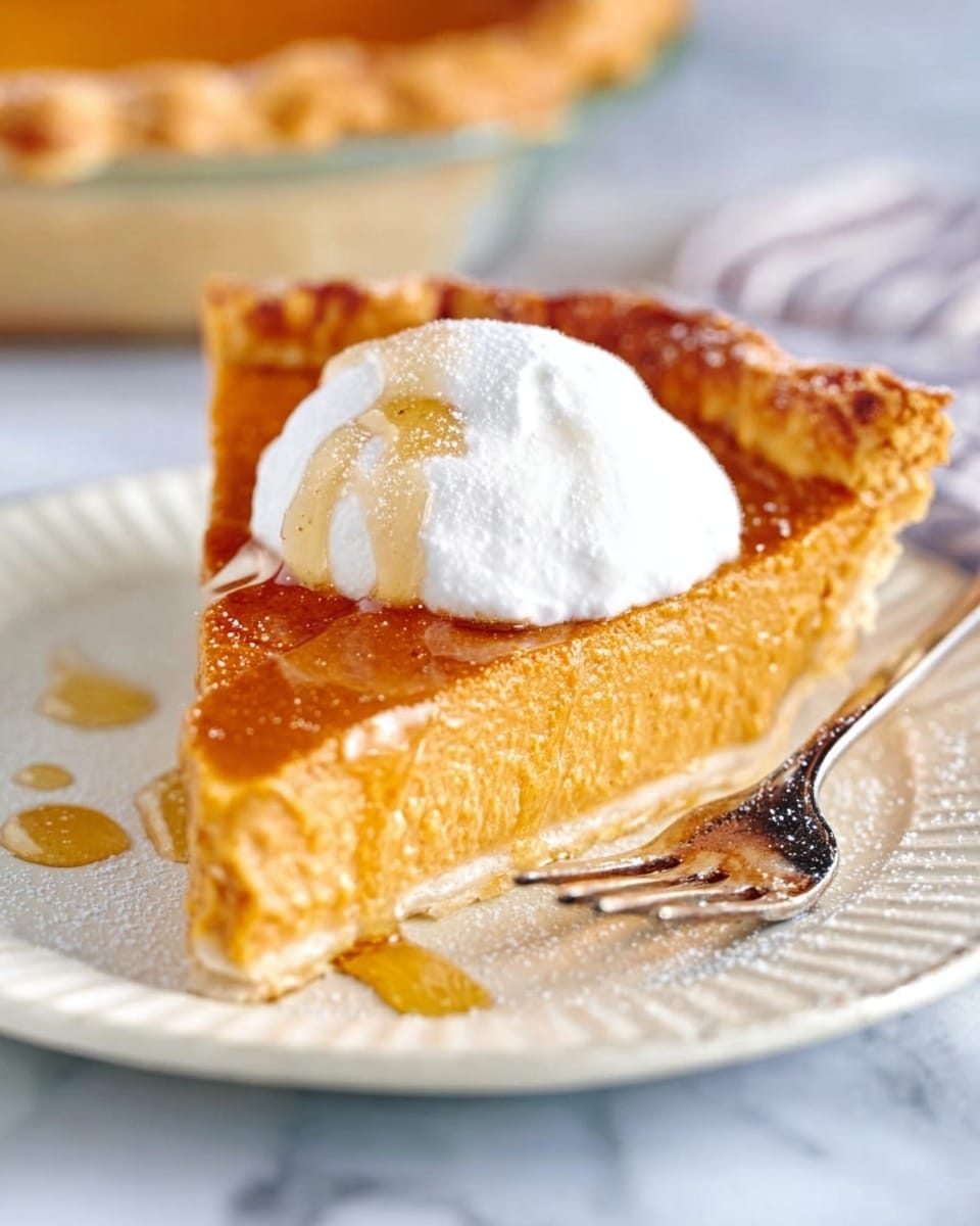 The image shows a slice of pie on a white plate placed on a white marbled surface. The pie has a golden brown crust that is slightly thick and crimped at the edges. Inside the crust is a smooth, light orange filling with a soft texture. On top of the filling is a dollop of white cream with a glossy finish, slightly melting into the pie. Honey is drizzled over the cream and pie, creating thin shiny streams that catch the light. A silver fork rests on the right side of the plate. photo taken with an iphone --ar 4:5 --v 7