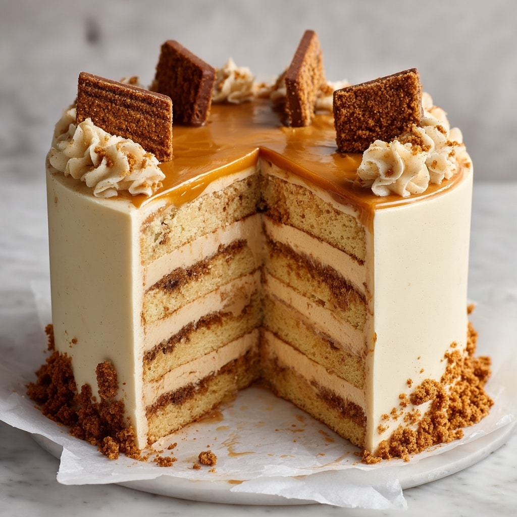 A tall, round cake with one visible layer is covered in smooth light beige frosting with uneven patches of crushed cookie crumbs scattered on the sides. The top of the cake has a thick, glossy caramel-colored layer that looks like a soft ganache, topped with three whole rectangular brown cookies placed near the edge, some cookie crumbs sprinkled around them. The cake sits on parchment paper over a round white marble board, set on a white marbled surface with extra whole cookies and cookie crumbs placed nearby. Photo taken with an iphone --ar 4:5 --v 7
