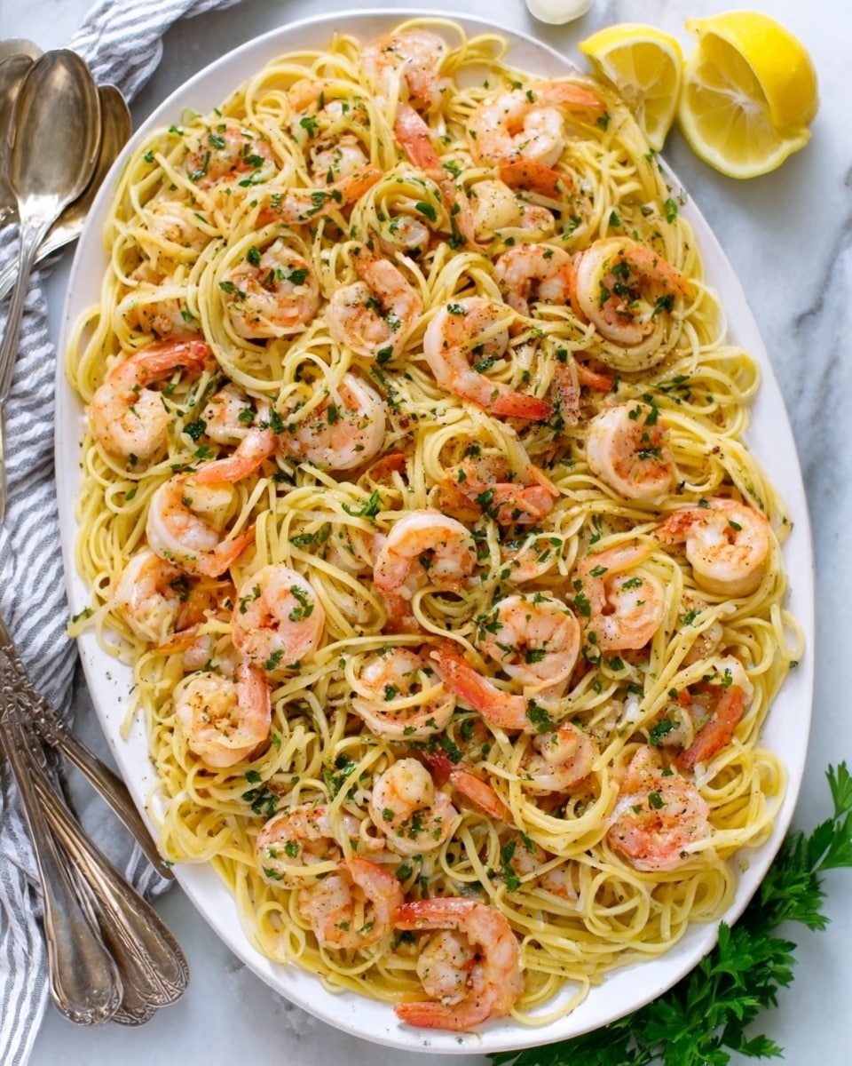 A white oval plate filled with about three layers of cooked shrimp that are pinkish-orange with white meat visible; the shrimp are covered in a light golden sauce with small bits of herbs and garlic scattered on top. Around the edge of the plate, there are four yellow lemon wedges placed evenly. A large silver spoon rests inside the plate on the left side, holding a few shrimp and some sauce. The background is a white marbled texture with a gray fabric napkin at the bottom right corner and a partially visible glass on the top right. photo taken with an iphone --ar 4:5 --v 7