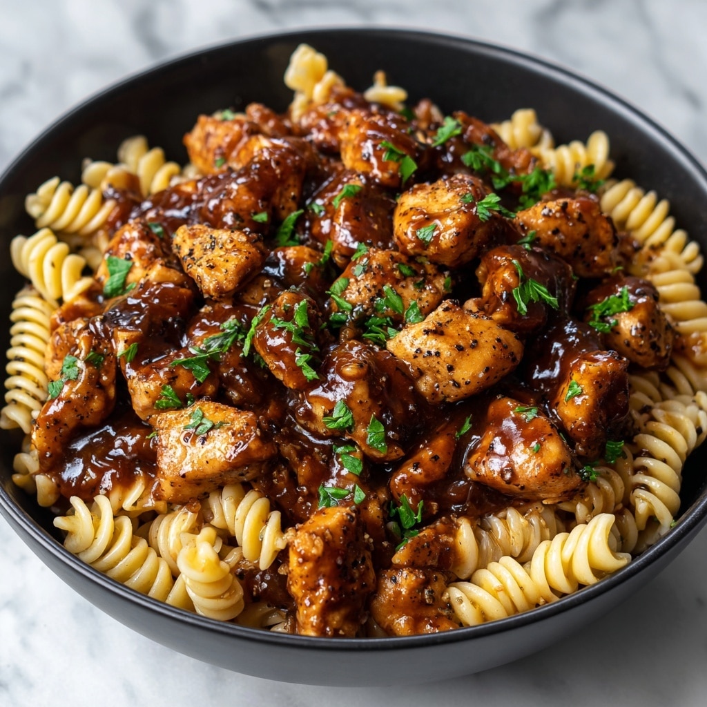 The image shows a close-up view of a bowl filled with cooked spiral pasta coated in a thick red tomato sauce with visible pieces of mushrooms mixed throughout. The pasta and sauce sit in a white bowl, creating a strong contrast with the rich reddish-brown color of the sauce. The texture of the pasta is smooth and glossy, while the mushroom pieces add a slightly rough and uneven texture on top. The background is a white marbled surface. photo taken with an iphone --ar 4:5 --v 7
