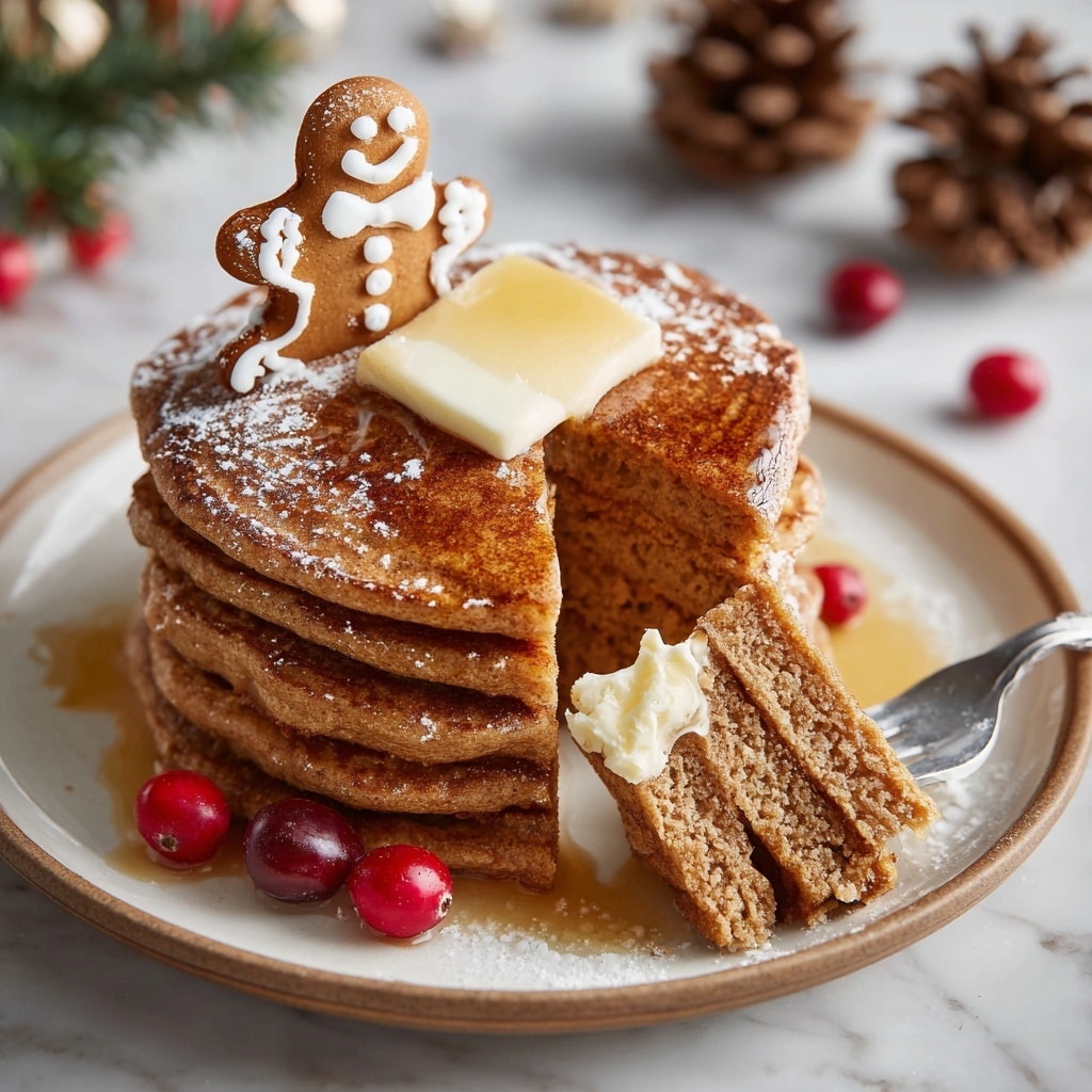 A tall stack of seven warm brown pancakes is placed on a white plate, each pancake showing a soft, slightly uneven texture. The pancakes are dripping with amber syrup that glistens as it runs down the sides. On top of the stack, there is a generous swirl of light brown creamy frosting with a smooth and soft texture. To finish, a small gingerbread man cookie decorated with white icing stands upright in the frosting near the back edge. Light white powdered sugar is being sprinkled over the top, creating a soft dusting across the pancakes and frosting. The scene is set against a blurred white marbled textured background with warm festive lights and gingerbread shapes faintly visible. Photo taken with an iphone --ar 4:5 --v 7