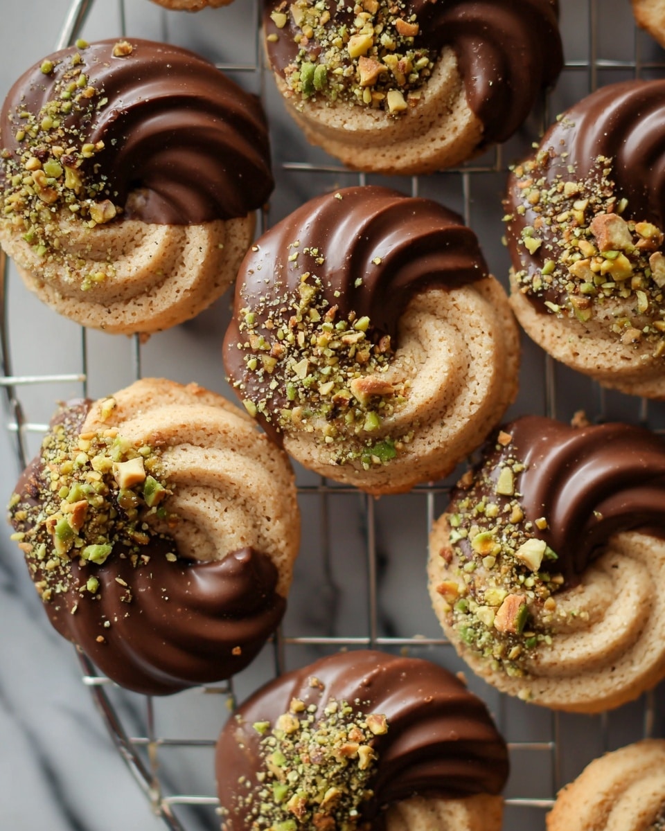 The image shows a pile of round cookies with a swirl pattern, each cookie dipped halfway in dark chocolate and topped with small bits of crushed nuts. The cookies have a light brown, crumbly texture, and the chocolate is smooth and shiny, covering about half of each cookie's curved top edge. The crushed nuts add a rough texture and a mix of green and tan colors on the chocolate part. They are placed closely together on a grid-style cooling rack against a white marbled surface. photo taken with an iphone --ar 4:5 --v 7