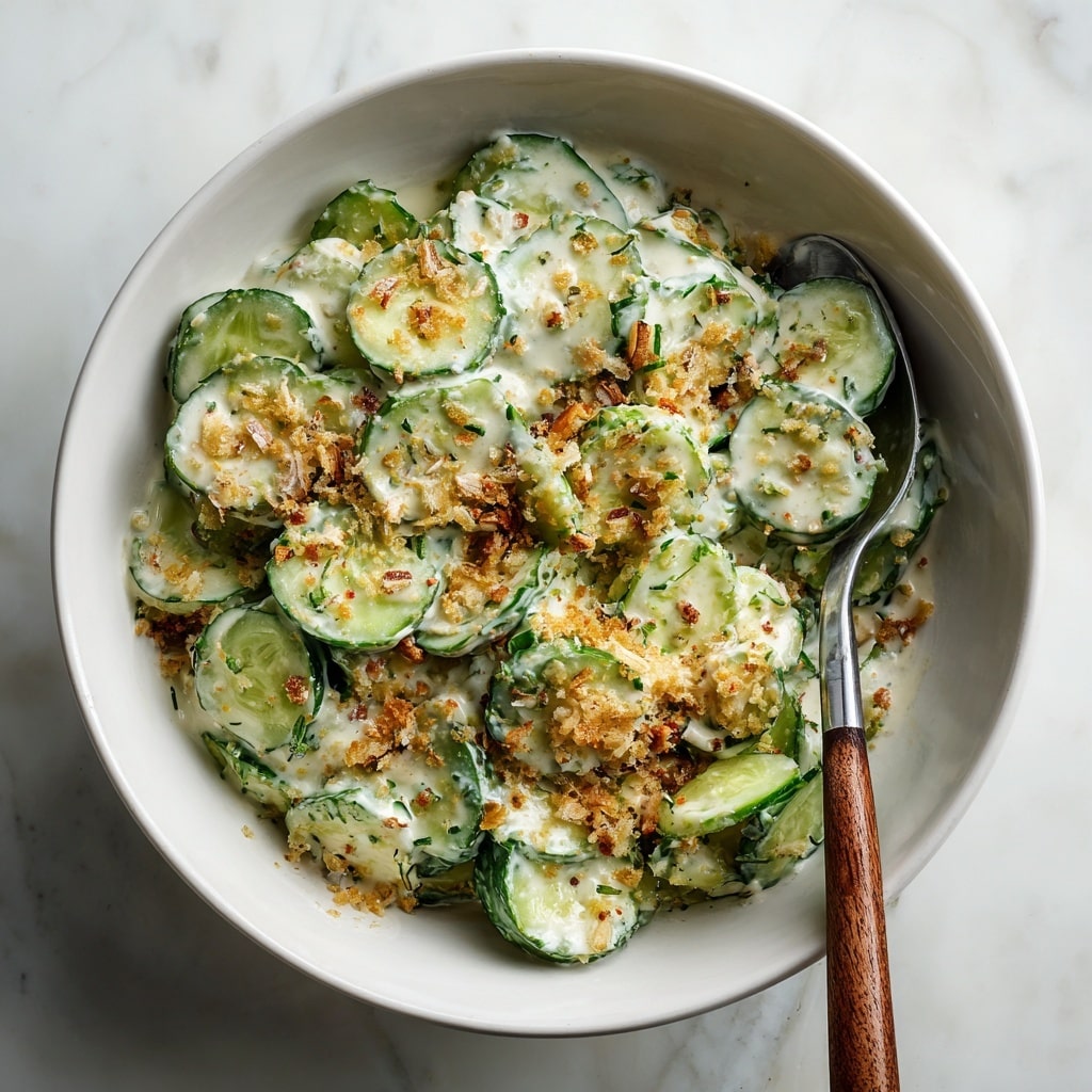 A close-up of a white bowl filled with a salad of thick cucumber slices coated in creamy dressing, topped with crispy brown bacon bits and thin, uneven shavings of pale yellow cheese. The salad is sprinkled with golden-brown breadcrumbs, giving a crunchy texture on top. A silver fork with a wooden handle rests inside the bowl, which sits on a soft beige cloth on a white marbled surface. The mixture of green cucumber, white creamy dressing, brown bacon, and cheese layers creates a fresh, textured look. photo taken with an iphone --ar 4:5 --v 7