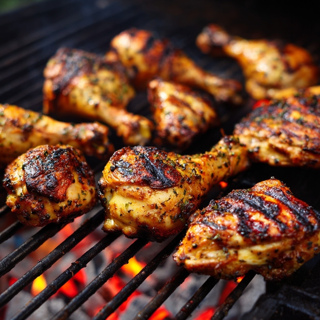 A rustic wooden board holds grilled chicken pieces with spicy dark golden-brown skin; one large quarter piece sits on the top right, two smaller thick slices lie in the center and a whole leg piece is at the bottom. A thick brush with sauce rests beside the leg. To the left, a small clear bowl filled with bright red sauce is placed near a fork and a large knife with a wooden handle. Partially visible at the bottom left, a white bowl contains a few small potatoes. All items sit on a white marbled textured surface. photo taken with an iphone --ar 4:5 --v 7