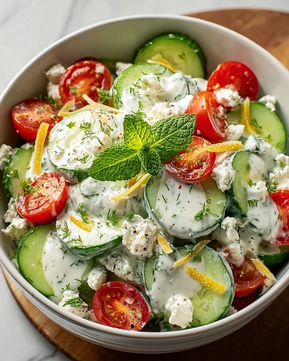 A fresh salad in a white bowl contains two main layers; the bottom layer is made of thick cucumber slices with dark green skin and light green centers, while the top layer has bright red cherry tomatoes, thinly sliced purple onion rings, and crumbled white feta cheese sprinkled evenly across. Two wooden salad spoons rest inside the bowl, one on each side, partially mixing the colorful ingredients. Around the bowl, there are scattered items including a piece of feta cheese on brown parchment paper, sprigs of green herbs, halved cherry tomatoes, and cucumber slices set on a white marbled surface. Photo taken with an iphone --ar 4:5 --v 7