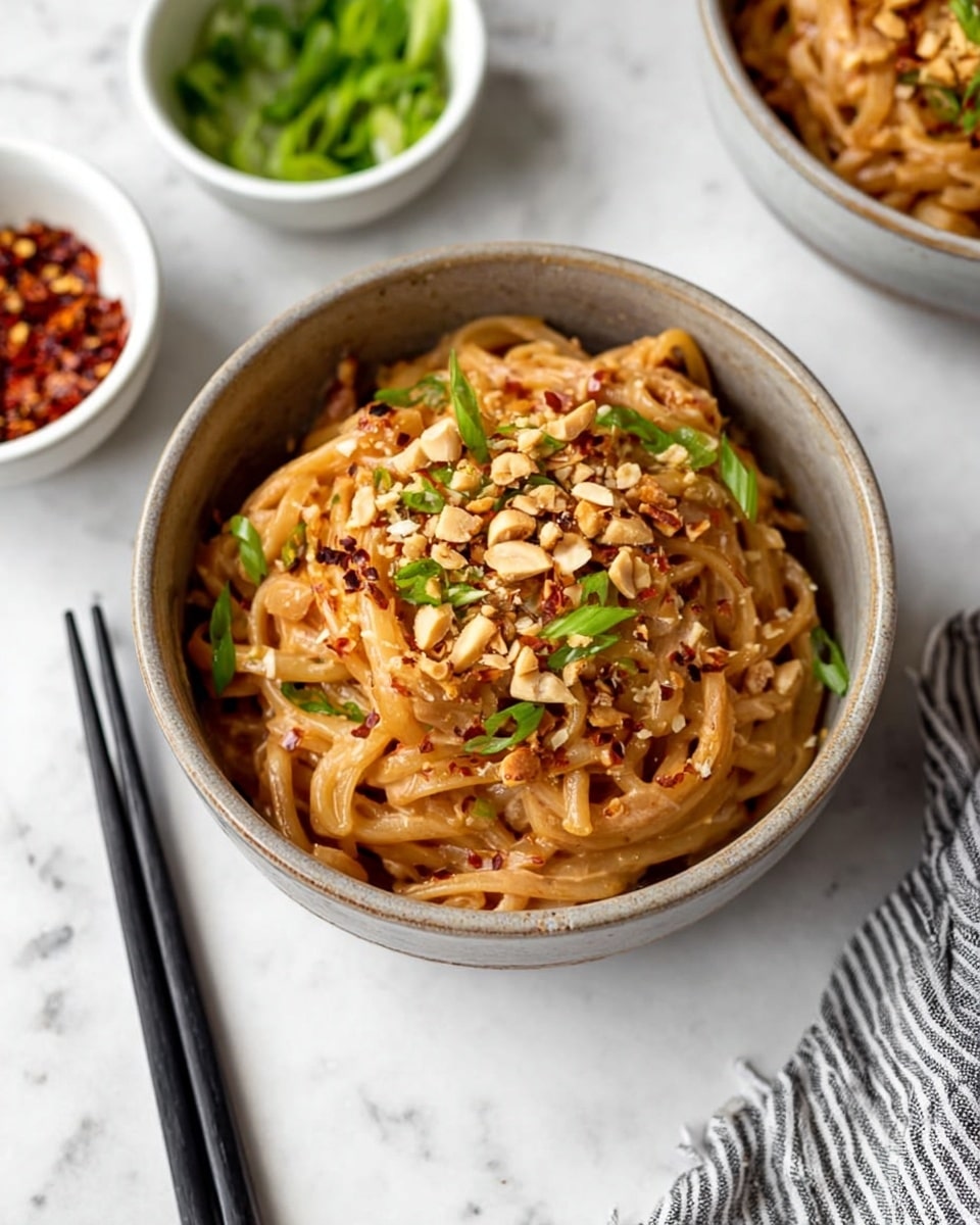 A bowl filled with creamy noodles mixed in a light brown sauce, topped with chopped green onions, crushed peanuts, and red chili flakes. The noodles appear thick and slightly twisted, creating a textured look. Two white bowls with more chopped green onions and chili flakes sit in the background on a white marbled surface. A pair of black chopsticks lies next to the bowl, and a striped cloth is partially visible nearby. photo taken with an iphone --ar 4:5 --v 7