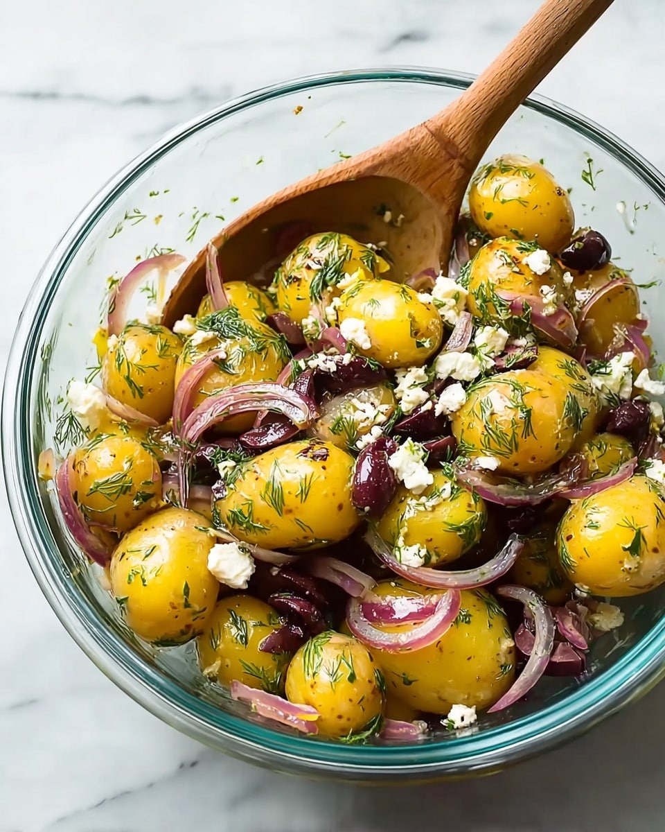 A clear glass bowl full of a potato salad featuring about three layers of halved baby yellow potatoes mixed with thin slices of red onion and chopped dark purple olives. The salad is sprinkled with crumbled white cheese and fresh green dill, all coated in a shiny, herb-flecked dressing that adds a glossy texture. The colors of yellow, purple, white, and green blend in a fresh, vibrant mix resting on a white marbled surface. Photo taken with an iphone --ar 4:5 --v 7