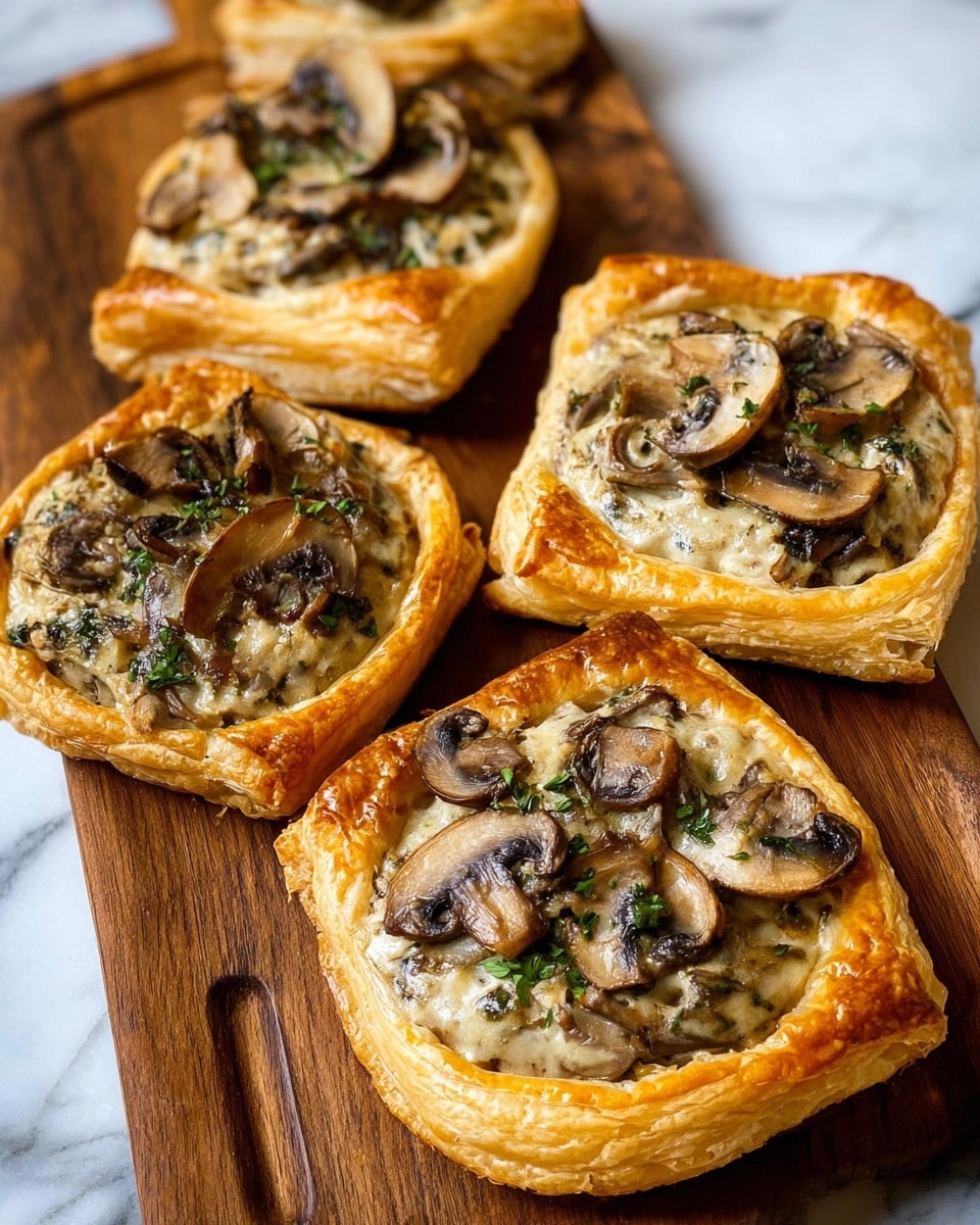 The image shows five mushroom tarts placed on a wooden board, each with a golden brown, crispy puff pastry base. The base is thick and flaky with edges slightly raised and crispy. On top of each pastry is a creamy mushroom mixture with visible pieces of sliced mushrooms and green herbs, giving a textured and slightly glossy look. The mushrooms vary in shades of light brown and dark brown, scattered unevenly but generously over each tart. The herbs add touches of green throughout the creamy layer, enhancing the earthy feel. The wooden board rests on a white marbled surface, adding a clean and elegant contrast to the warm tones of the tarts. Photo taken with an iphone --ar 4:5 --v 7