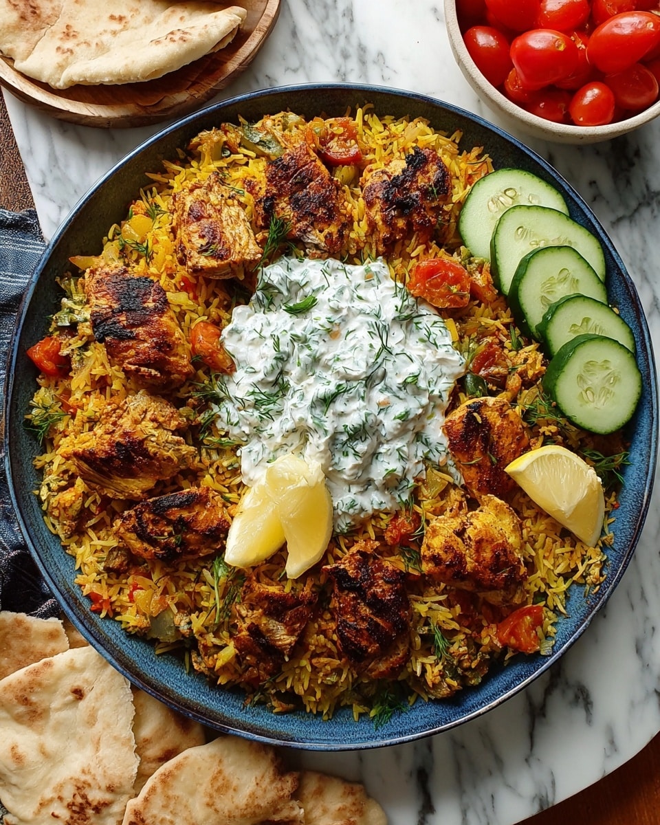 A white bowl filled with layers, starting with a base of mixed yellow and white rice that looks fluffy and slightly separated. On top of the rice, there are several pieces of brown grilled chicken, showing char marks and a crispy texture. Creamy white yogurt sauce with green herb flecks is drizzled generously over the chicken and rice. Fresh chopped green herbs are sprinkled over everything, adding a vibrant touch. Around the bowl, there are sliced cucumbers with pale green centers and bright red cherry tomatoes, all placed on a white marbled surface. Photo taken with an iphone --ar 4:5 --v 7