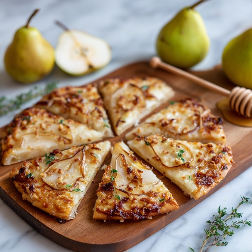 A round pizza with a light golden crust sits on a wooden board atop a white marbled surface. The pizza has at least four layers: the base crust, a thin layer of white sauce, thinly sliced pale green pear pieces evenly spread across, and a thick layer of melted brownish cheese with some darker, slightly burnt spots. Small green herb leaves, likely thyme, are scattered over the pizza. To the top left of the pizza, there is a small clear bowl filled with golden honey with a wooden honey dipper resting beside it. To the top right, there are two halved pears showing their white flesh and seeds inside. A few sprigs of fresh thyme lay near the pizza on the wooden board. Photo taken with an iphone --ar 4:5 --v 7