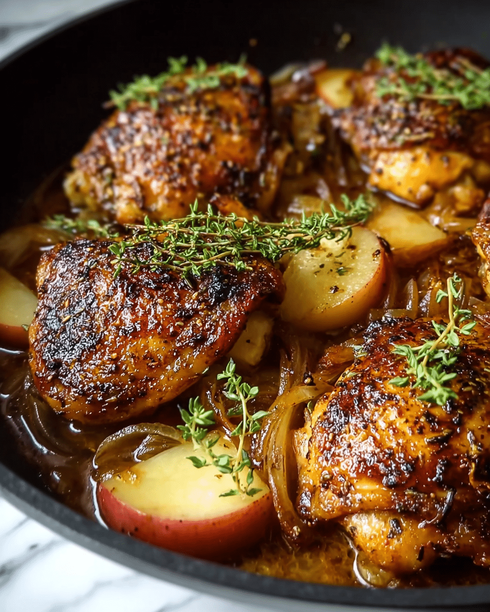 A close-up of six golden-brown chicken thighs with crispy, caramelized skin arranged evenly in a white pan on a white marbled surface. Underneath the chicken are small, diced yellow pieces and light green herbs scattered on top. A woman's hand holding a wooden spoon is pouring a glossy, thick golden sauce over the chicken, with a thin stream flowing down and a few lemon slices resting on top of the central piece. The pan handle extends slightly out of view, and the lighting highlights the shiny texture of the sauce and chicken skin. photo taken with an iphone --ar 4:5 --v 7