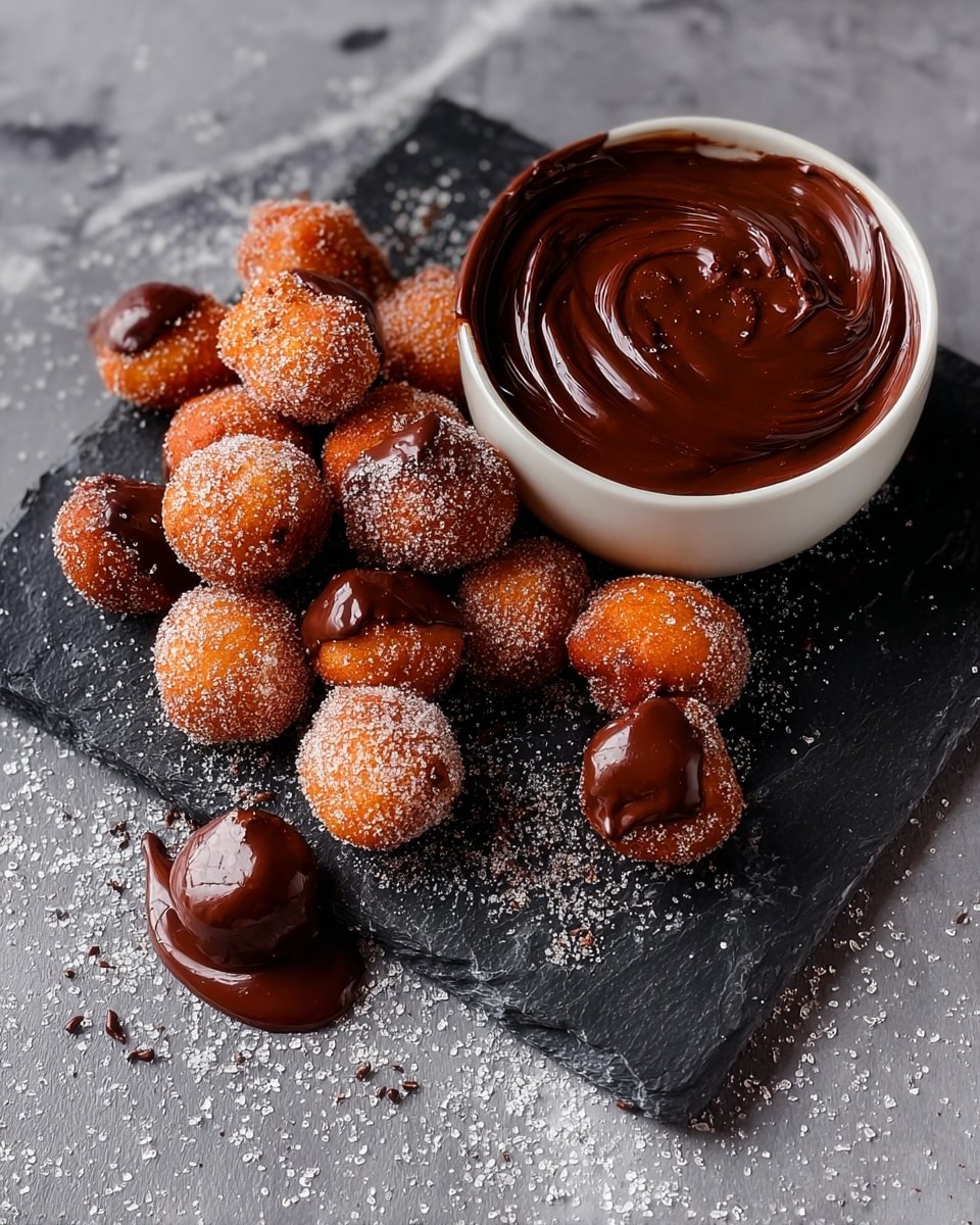 The image shows a small pile of golden-brown round doughnut holes covered with a light dusting of white powdered sugar, each one having a slightly crisp and textured surface. Behind the pile, there is a smooth, rich dark chocolate sauce in a white bowl, with the glossy chocolate filling the bowl almost to the top. The doughnut holes and bowl are placed on a dark slate plate, which is resting on a white marbled textured surface. The lighting highlights the contrast between the sugar dust, the warm brown of the doughnuts, and the deep dark chocolate. photo taken with an iphone --ar 4:5 --v 7