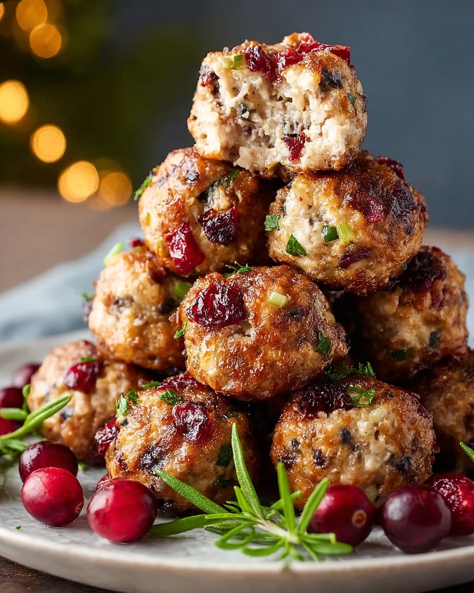The image shows a close-up of seven round savory baked bites arranged on a white rectangular plate. Each bite is golden brown with a shiny glaze on the top. There are visible bits of green herbs and red dried cranberries mixed throughout the textured surface of the bites. The plate sits on a white marbled textured surface, and there is a soft, blurred green background behind it. photo taken with an iphone --ar 4:5 --v 7