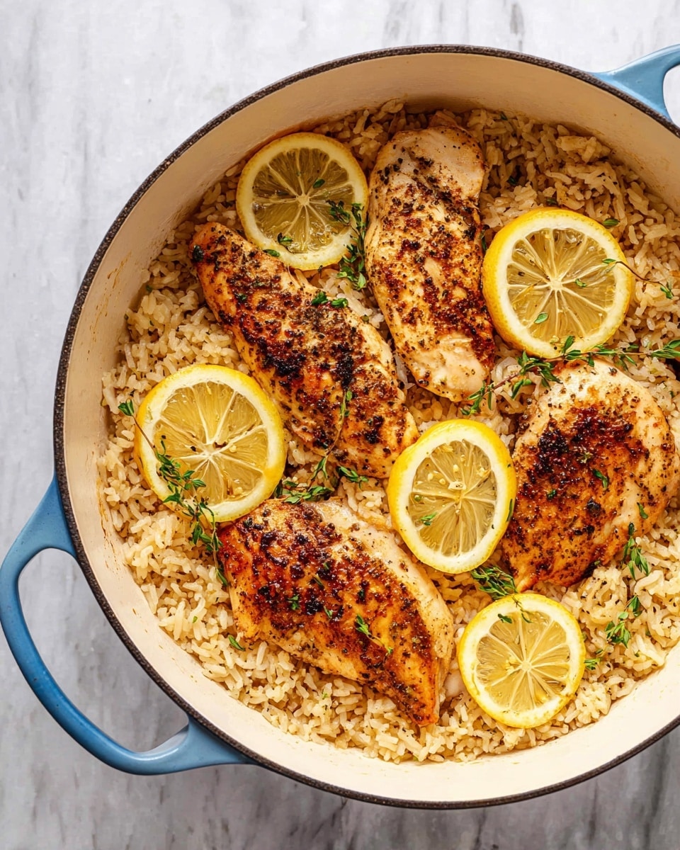 A white pot with blue handles is filled with a base layer of cooked rice that is light brown and fluffy. On top, three pieces of cooked chicken breasts are evenly spaced, each showing a golden-brown, slightly charred texture with seasoning visible. Around and on the chicken, there are thin lemon slices with a yellow rind and pale yellow inside, some rested flat and others slightly tilted. Small green herb sprigs are placed on the chicken and near the lemon slices, adding a fresh green detail. The pot sits on a white marbled surface. photo taken with an iphone --ar 4:5 --v 7