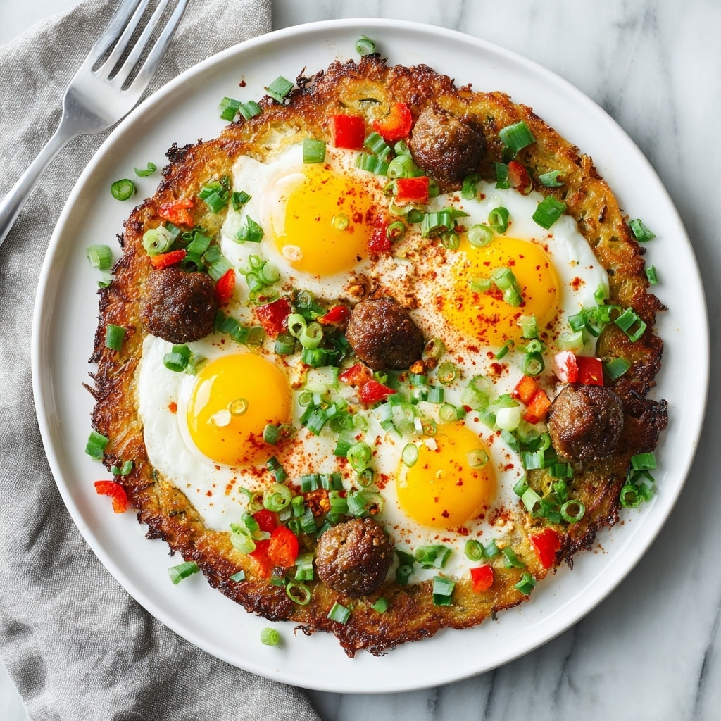 A white plate holds a round, thick crusted pizza cut into four slices. Each slice has a golden brown crispy edge, topped with melted yellow cheese mixed with browned ground meat. On top of the cheese, there is a bright sunny-side-up egg with a vibrant yellow yolk in the center of each slice. Small diced red and green bell peppers are scattered over the pizza, along with chopped green onions. The pizza surface shows a slight sprinkle of red seasoning, adding color and texture. The plate rests on a white marbled surface with a silver fork placed near the top right edge of the plate. Photo taken with an iphone --ar 4:5 --v 7
